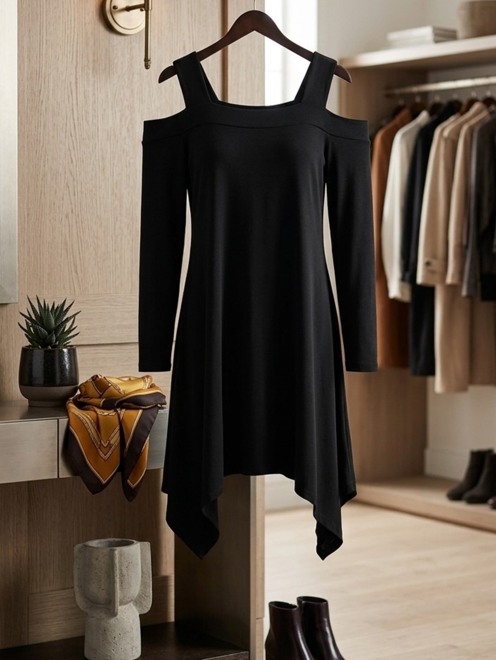 Ellen Tracy Black Cold-Shoulder Asymmetrical Hem Top